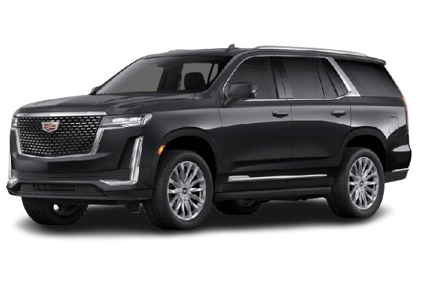 Black Cadillac Escalade SUV viewed from elevated front-three-quarter angle with large grille, distinctive headlights, and chrome accents on transparent background.