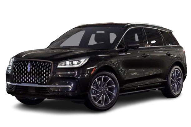 Black Lincoln Corsair SUV from front three-quarter view featuring grille, headlights, and wheels on transparent background.