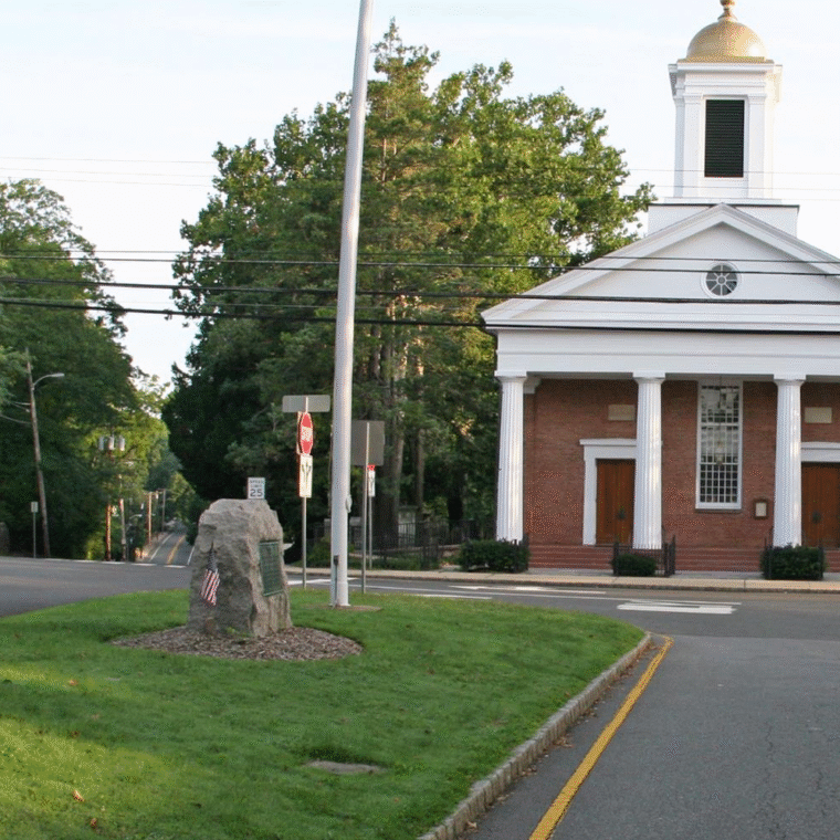 Presbyterian Church with golden dome and monument in Basking Ridge, NJ