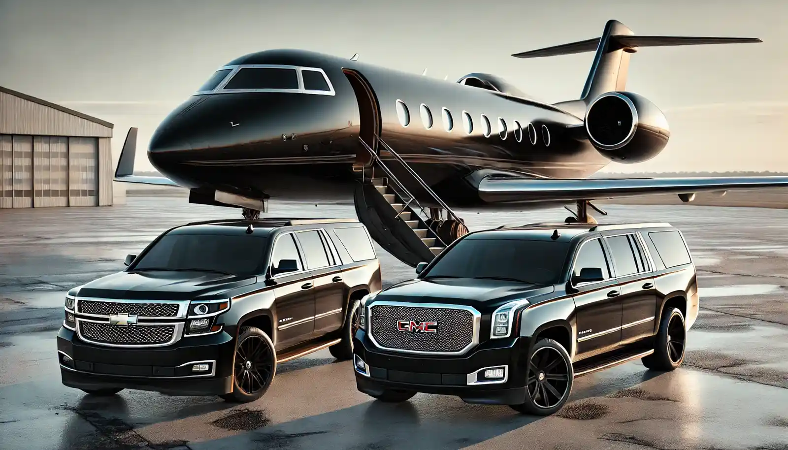 Black private jet parked with Chevy Suburban and GMC Yukon Denali for VIP airport transfer