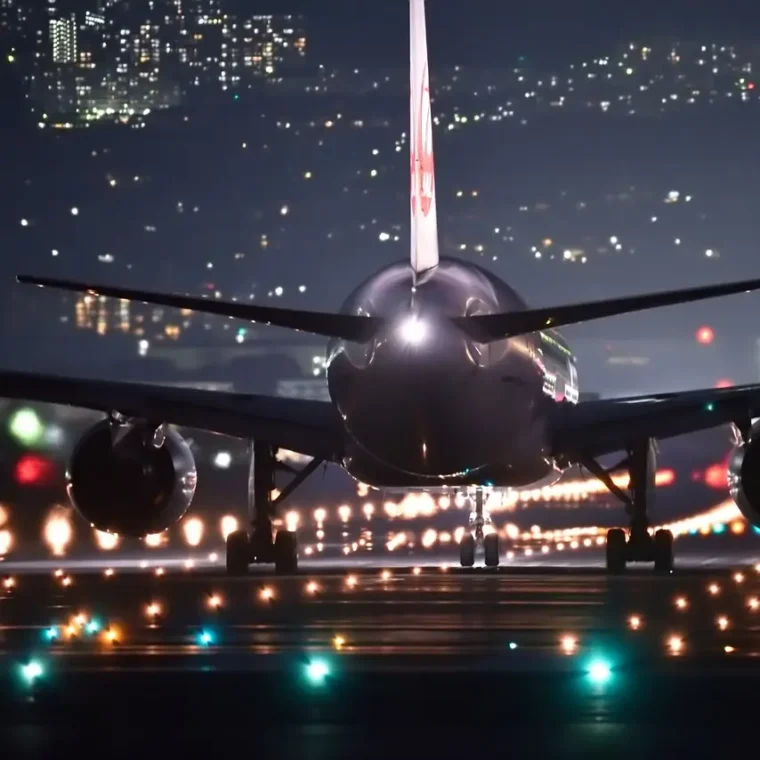 Airplane on runway at night with lights and city skyline in background.