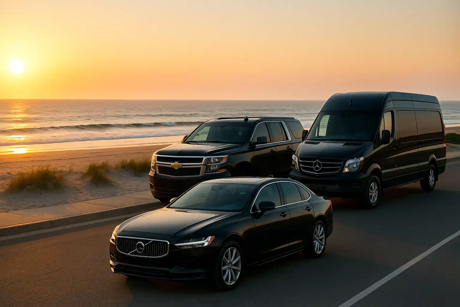 Black limousine parked at night in basking ridge NJ for airport and executive car service.