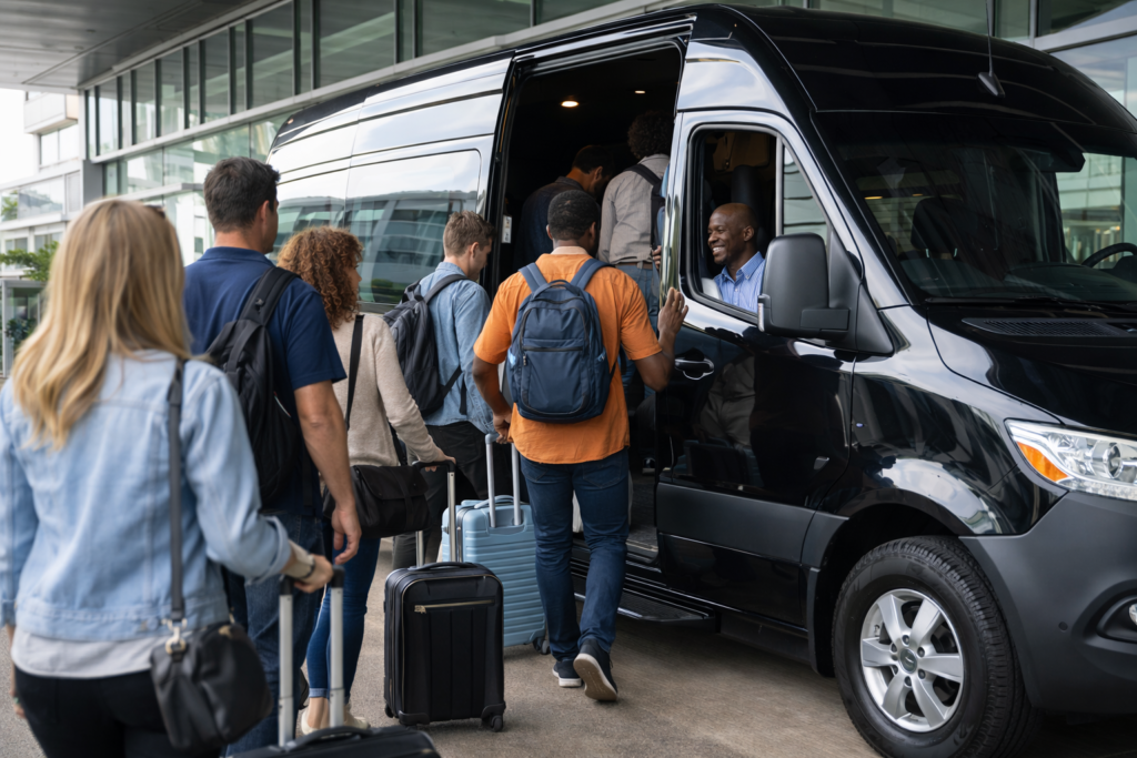 Passengers boarding a Mercedes Sprinter van