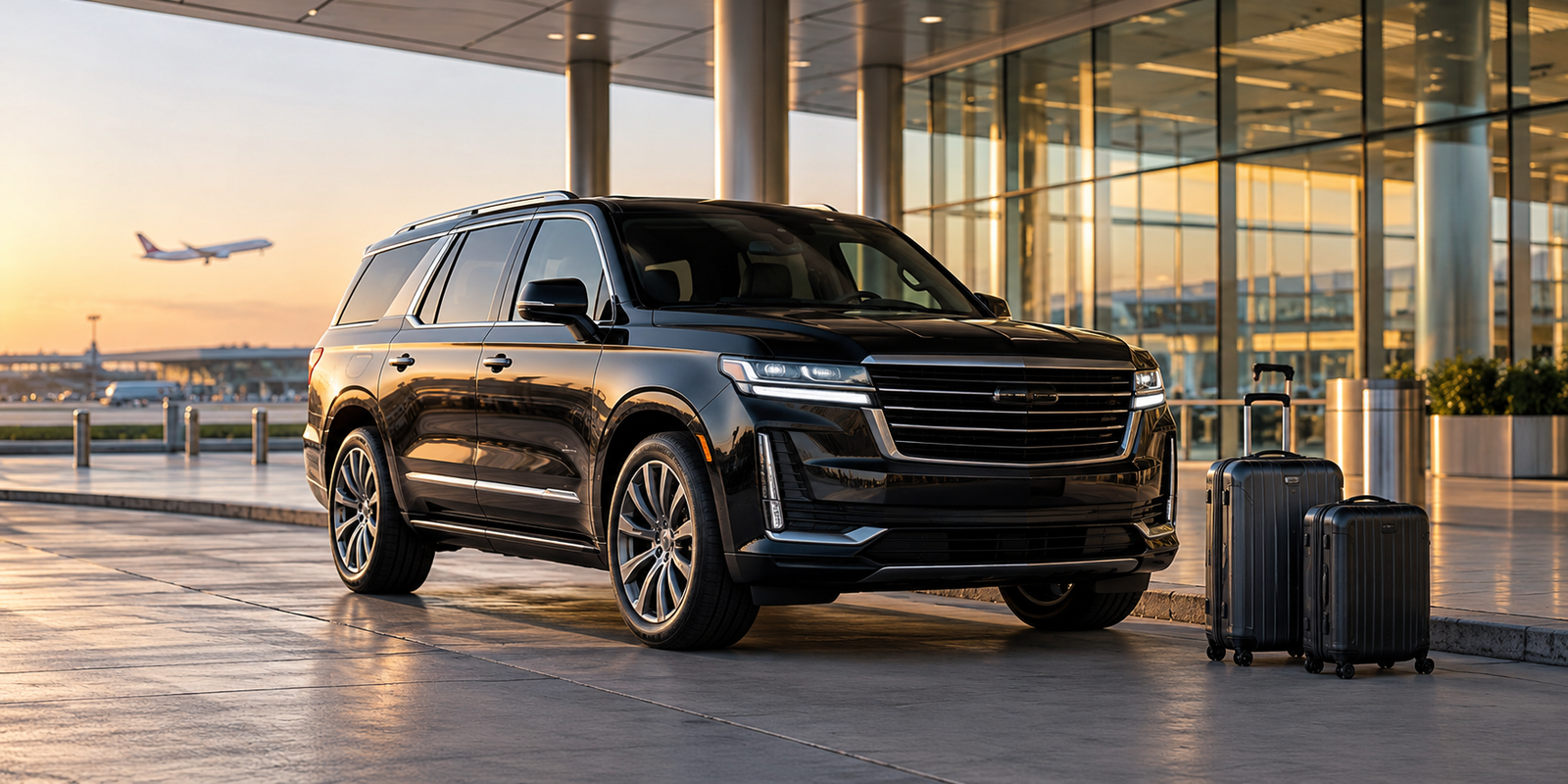 Black luxury SUV and luggage outside a modern airport terminal